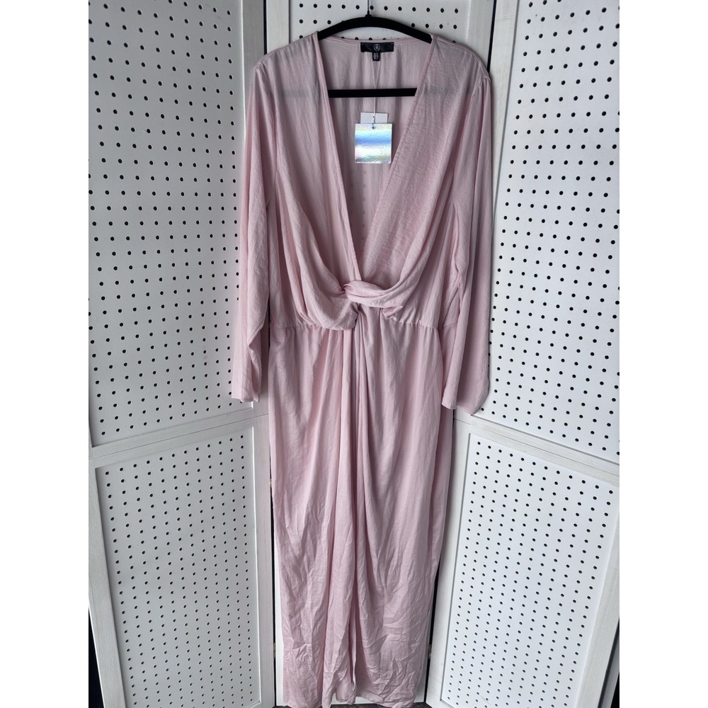 NWT Missguided Long SLV Pink Satin Thigh Split Wrap Maxi Dress Women's 18